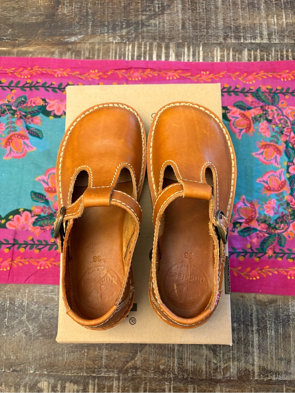 Women’s Tan Leather T-Strap Flats